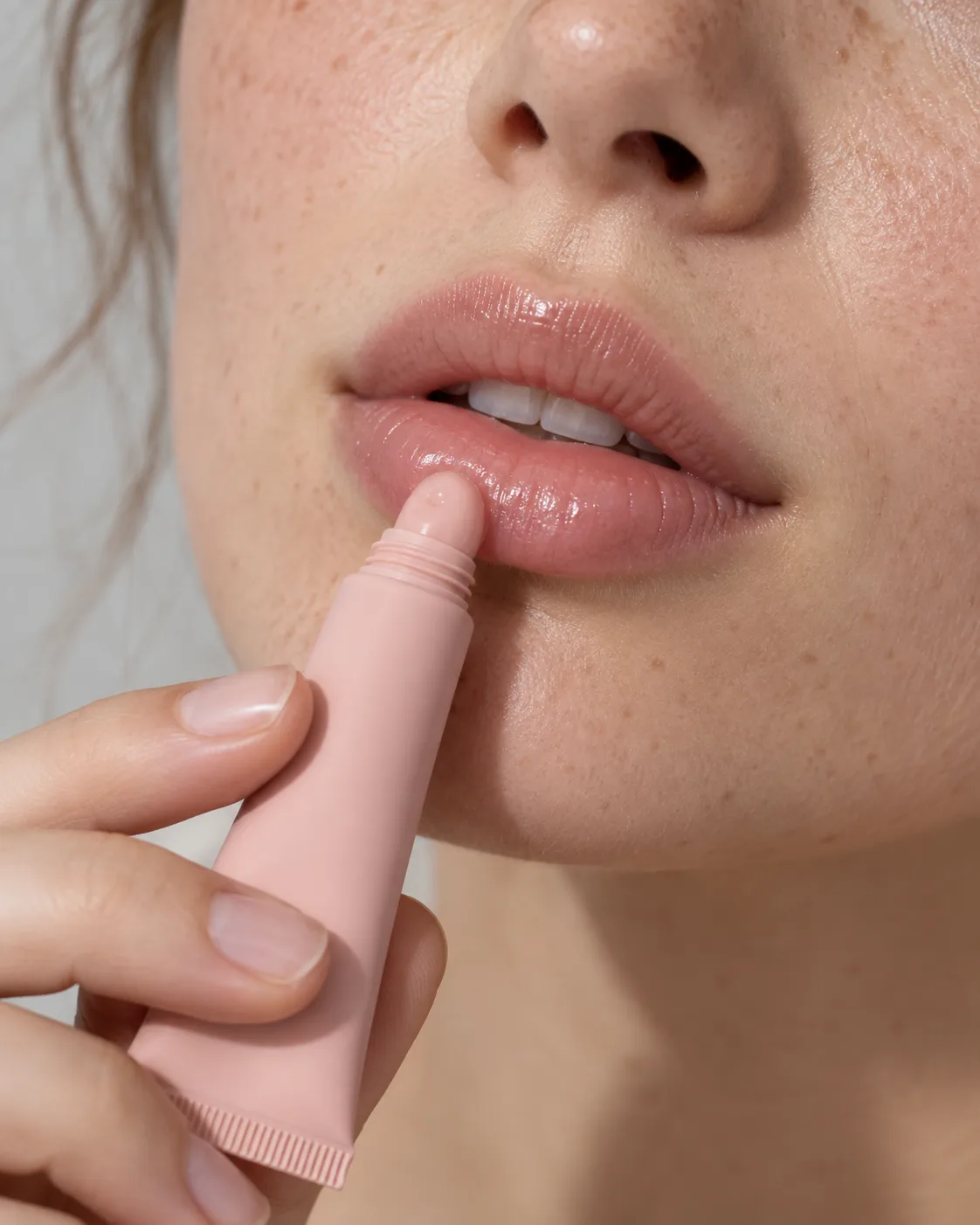 The tip of the soft lip tube pressed to a lower lip